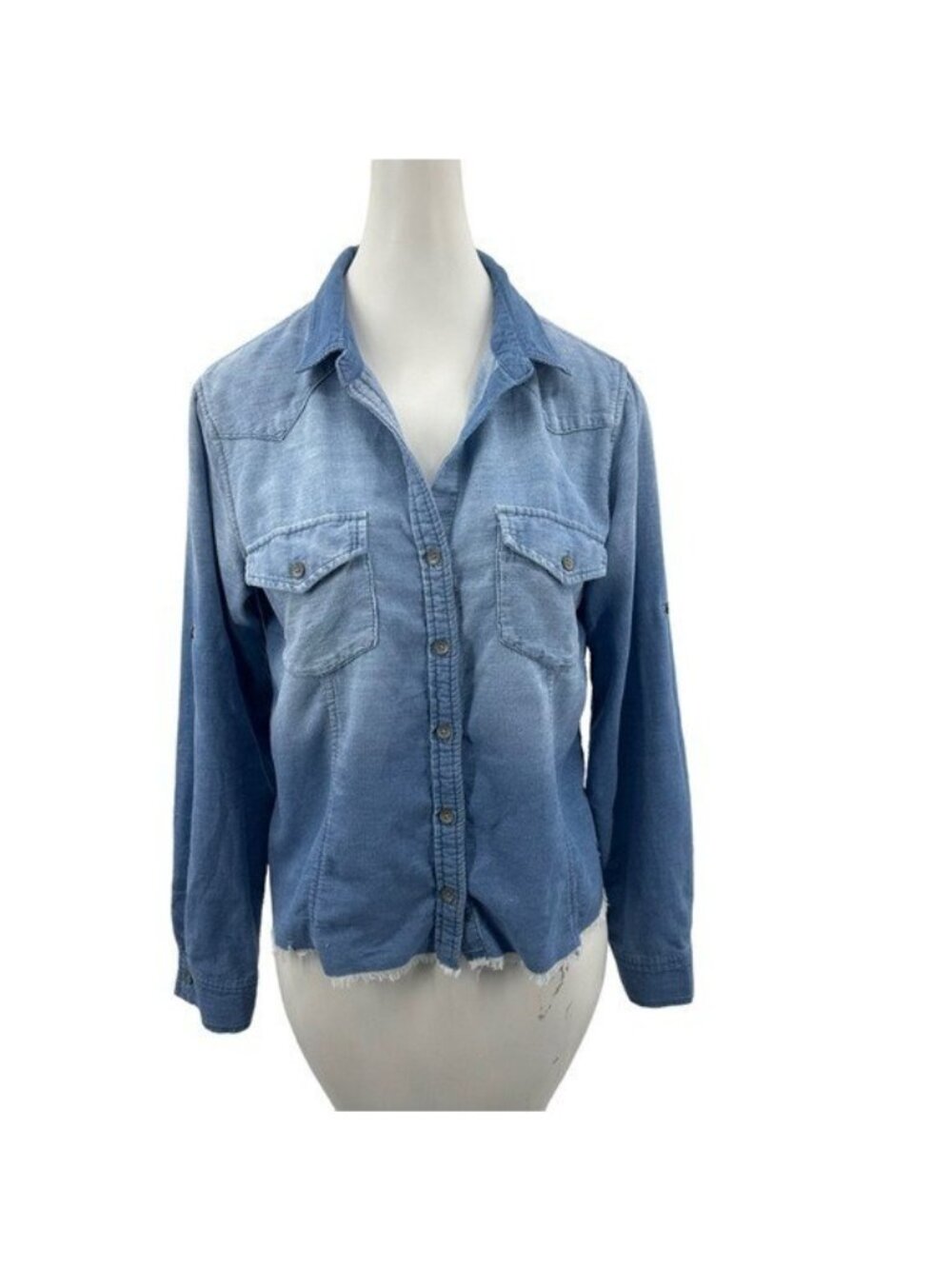 Cloth & Stone Anthropologie S Corduroy Button Down Shirt Denim Frayed Hem Blue